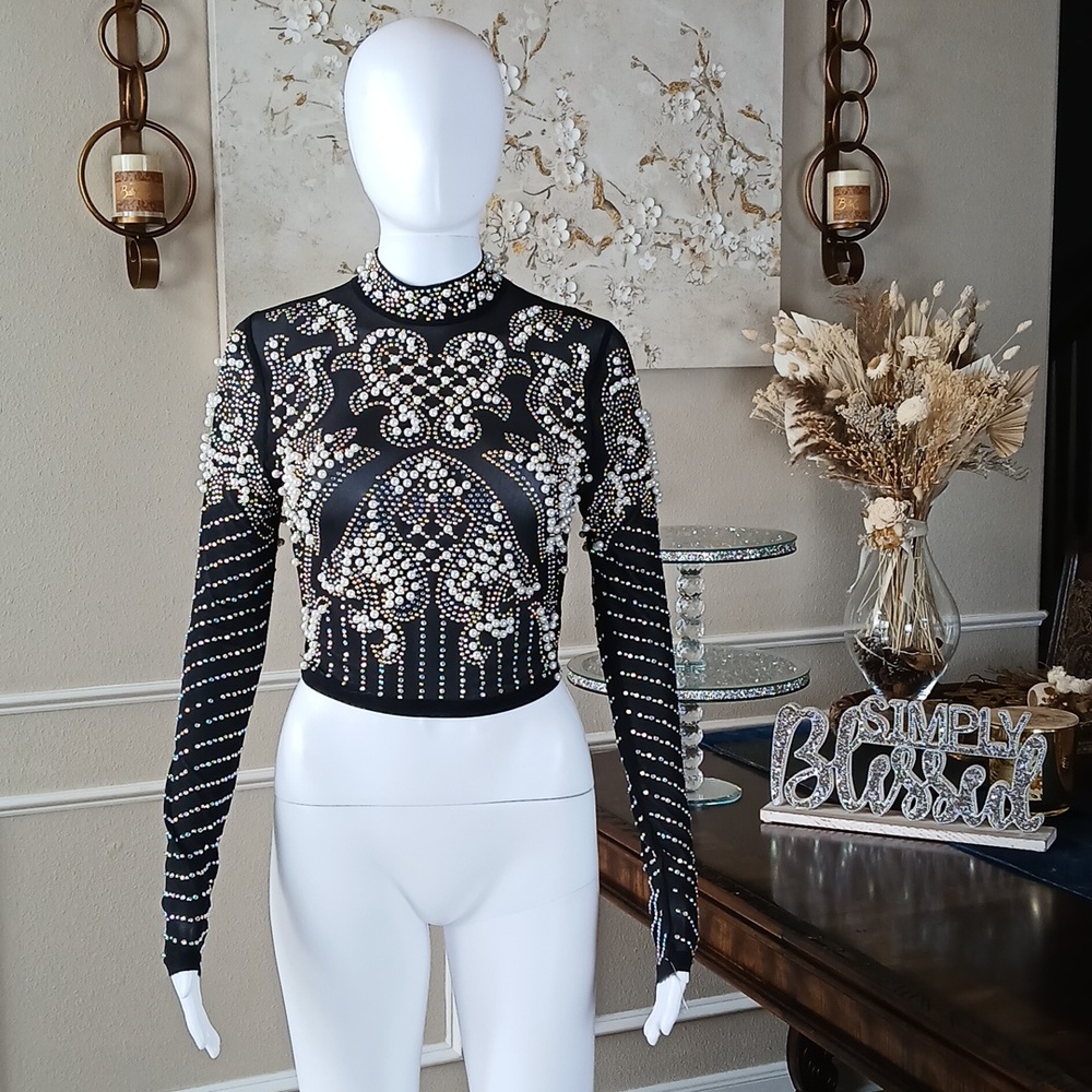 Banjul Black Beaded Long-Sleeve Crop Sheer Cocktail Mock Neck Top. Size M - Picture 12 of 17